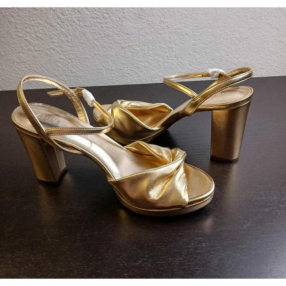 Anne Klein AKVALENTINE-W Gold Metallic Knotted Platform Block Heel Sandals 10W
